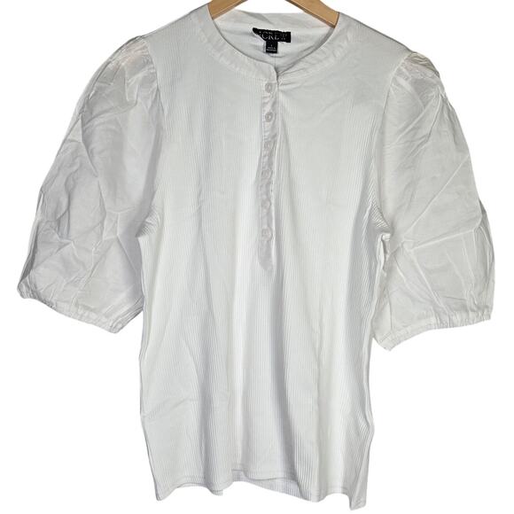 J. Crew Vintage rib puff-sleeve henley top L White BQ896 - Picture 1 of 9